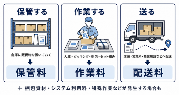 販促物の倉庫外注費用は、倉庫に置く保管料、入庫・ピッキング・梱包などの作業料、店舗などへ送る配送料で構成されることを示した図